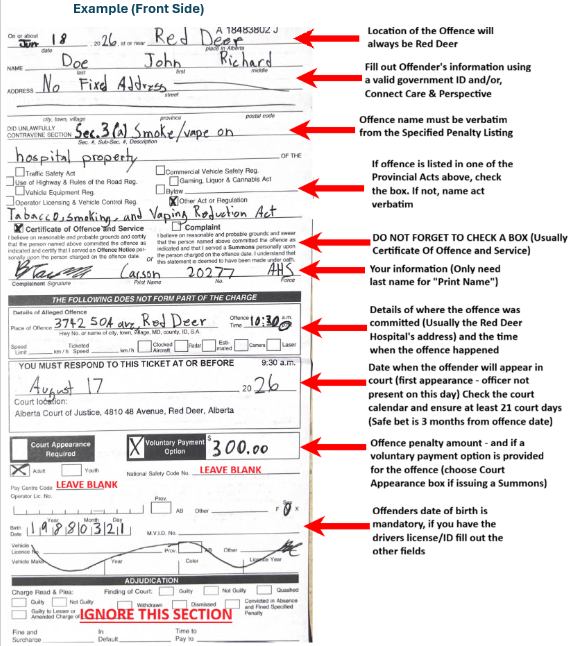 Annotated front side violation ticket example